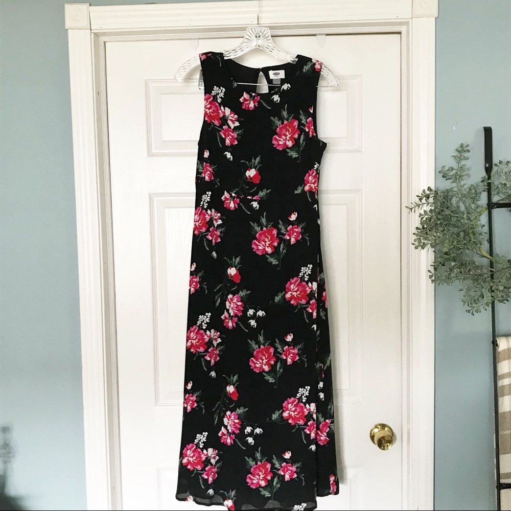 Old Navy black and pink floral midi dress size 2